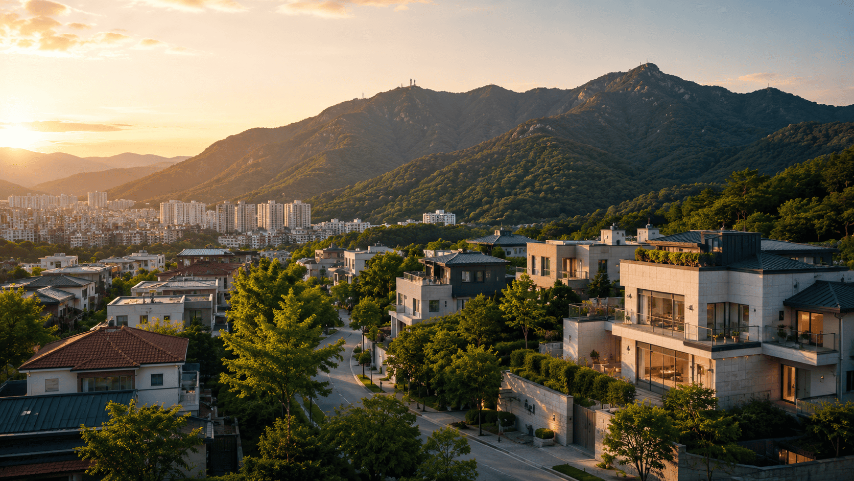 금정산 능선을 배경으로 노을빛이 내린 동래 주거지 전경과 도심 스카이라인